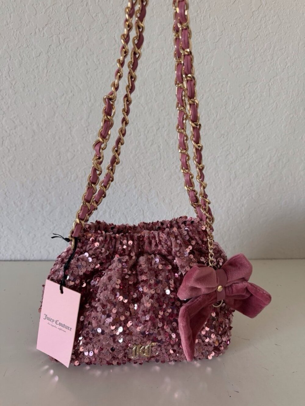 Juicy Couture Sequined Cinch Bucket Shoulder Bag W/Bow Charm Chateau Rose VIRAL